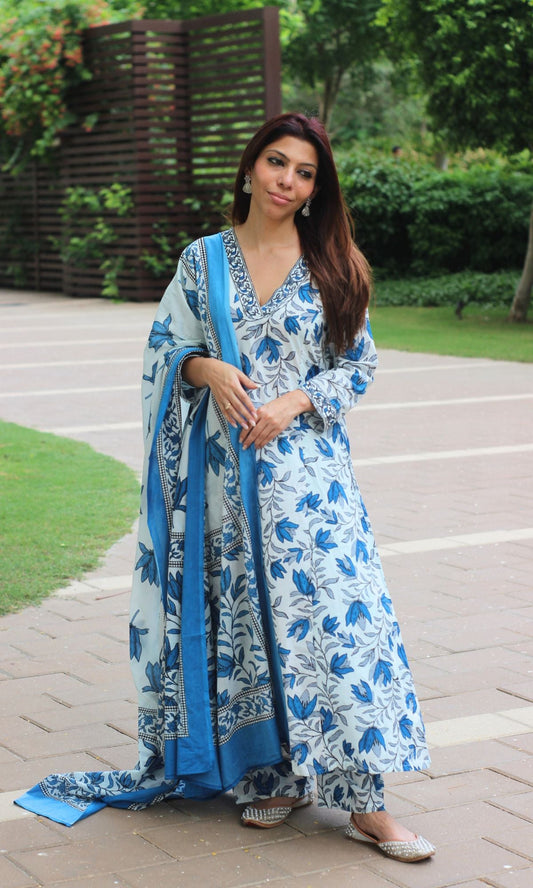 Cotton A - line White & Blue Leafy Suit Set with Cotton Printed Dupatta - Baareeki