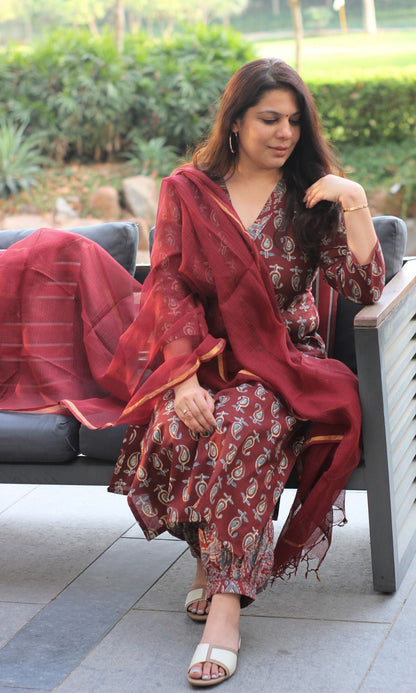 Cotton Ajrakh Booti Print Maroon Suit Set with Kota Doria Dupatta - Baareeki