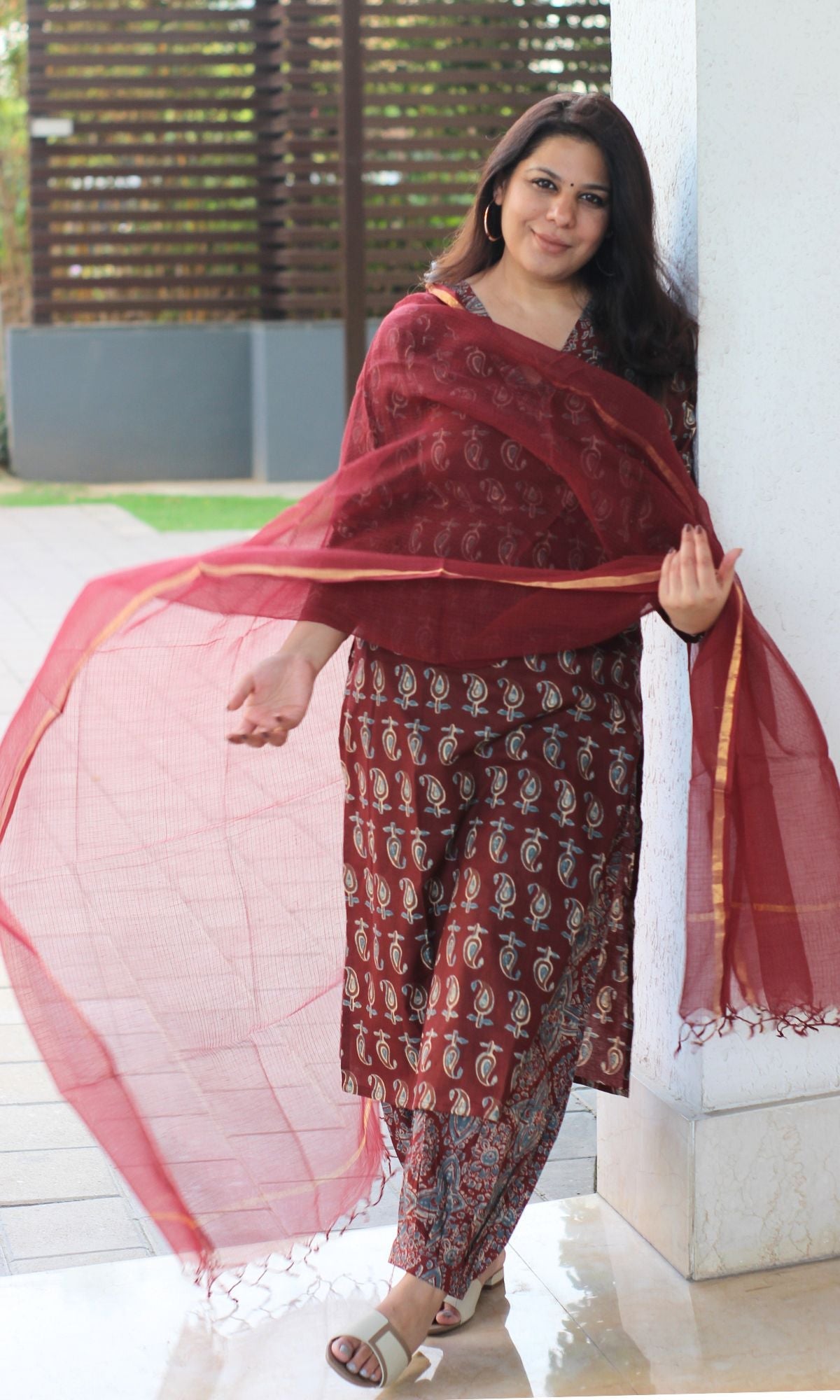 Cotton Ajrakh Booti Print Maroon Suit Set with Kota Doria Dupatta - Baareeki