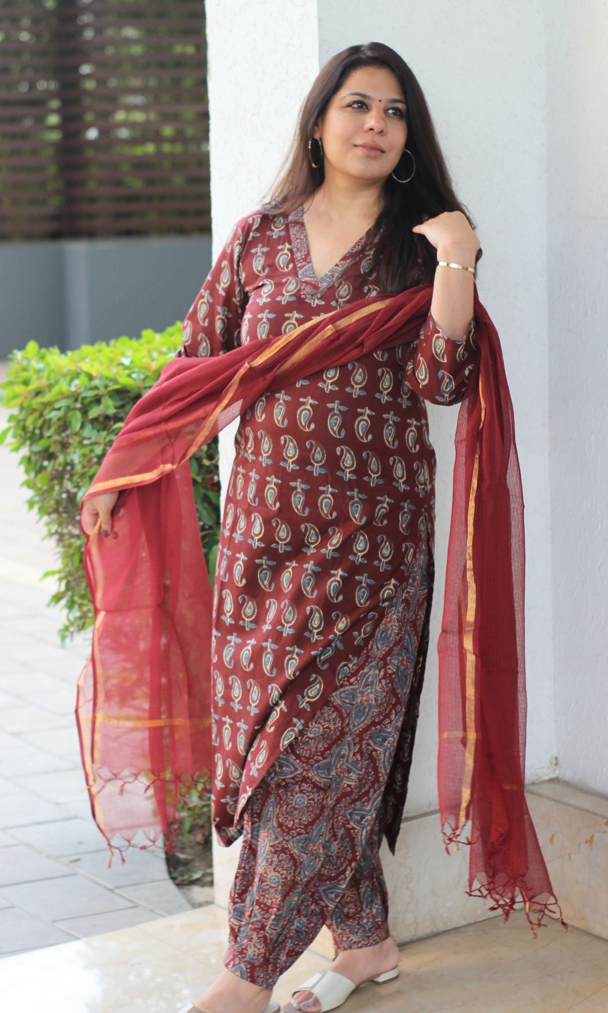 Cotton Ajrakh Booti Print Maroon Suit Set with Kota Doria Dupatta - Baareeki