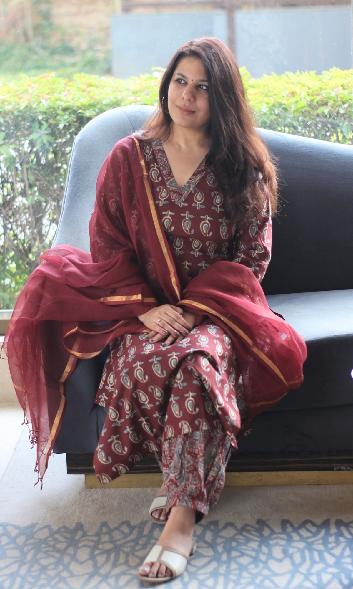 Cotton Ajrakh Booti Print Maroon Suit Set with Kota Doria Dupatta - Baareeki