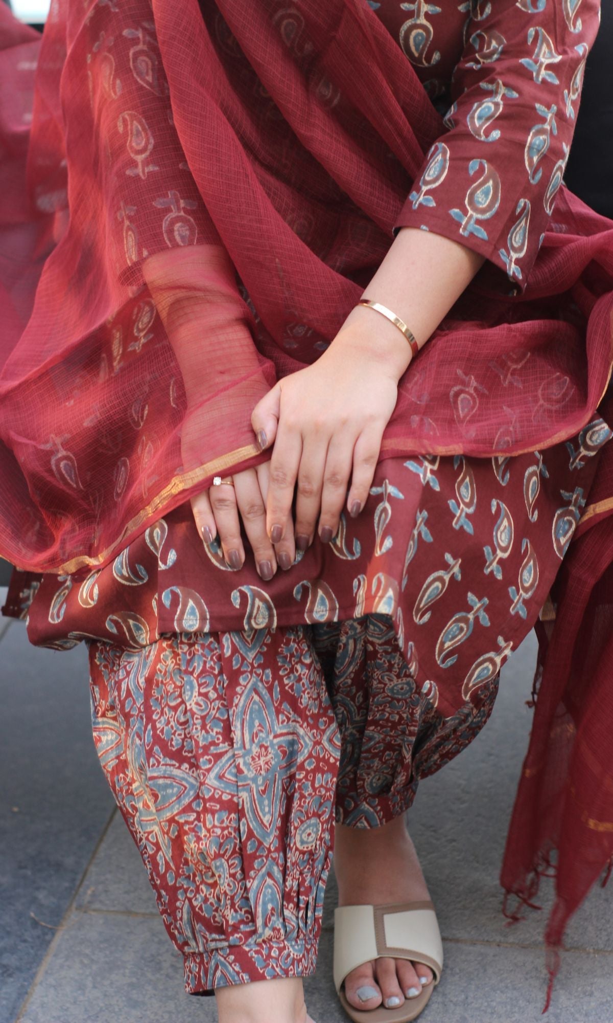 Cotton Ajrakh Booti Print Maroon Suit Set with Kota Doria Dupatta - Baareeki