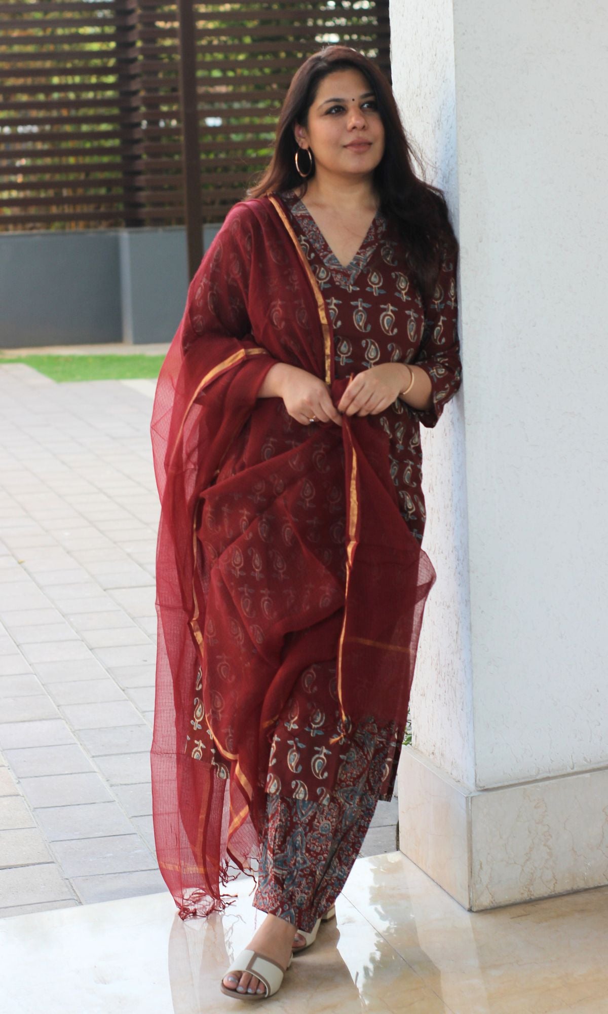 Cotton Ajrakh Booti Print Maroon Suit Set with Kota Doria Dupatta - Baareeki