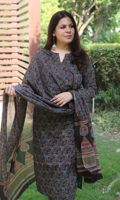 Cotton Ajrakh Print Black and Blue Suit Set with Cotton Printed Dupatta - Baareeki