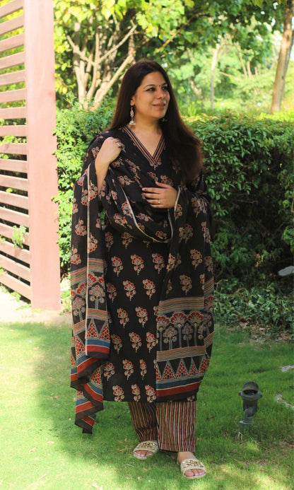 Cotton Ajrakh Print Black Suit Set with Printed Cotton Dupatta - Baareeki