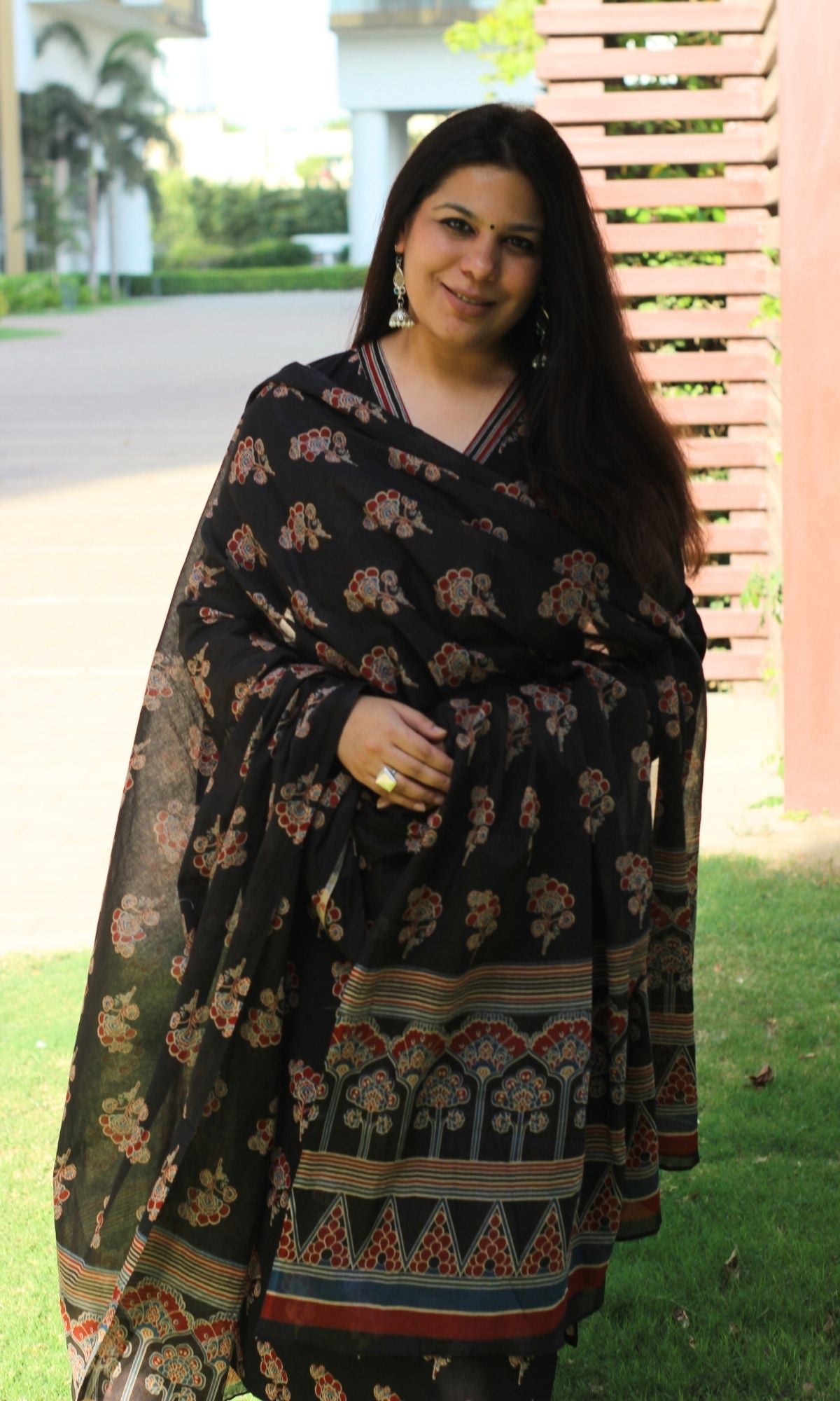 Black Ajrakh Printed Anarkali Set With Dupatta main image 1