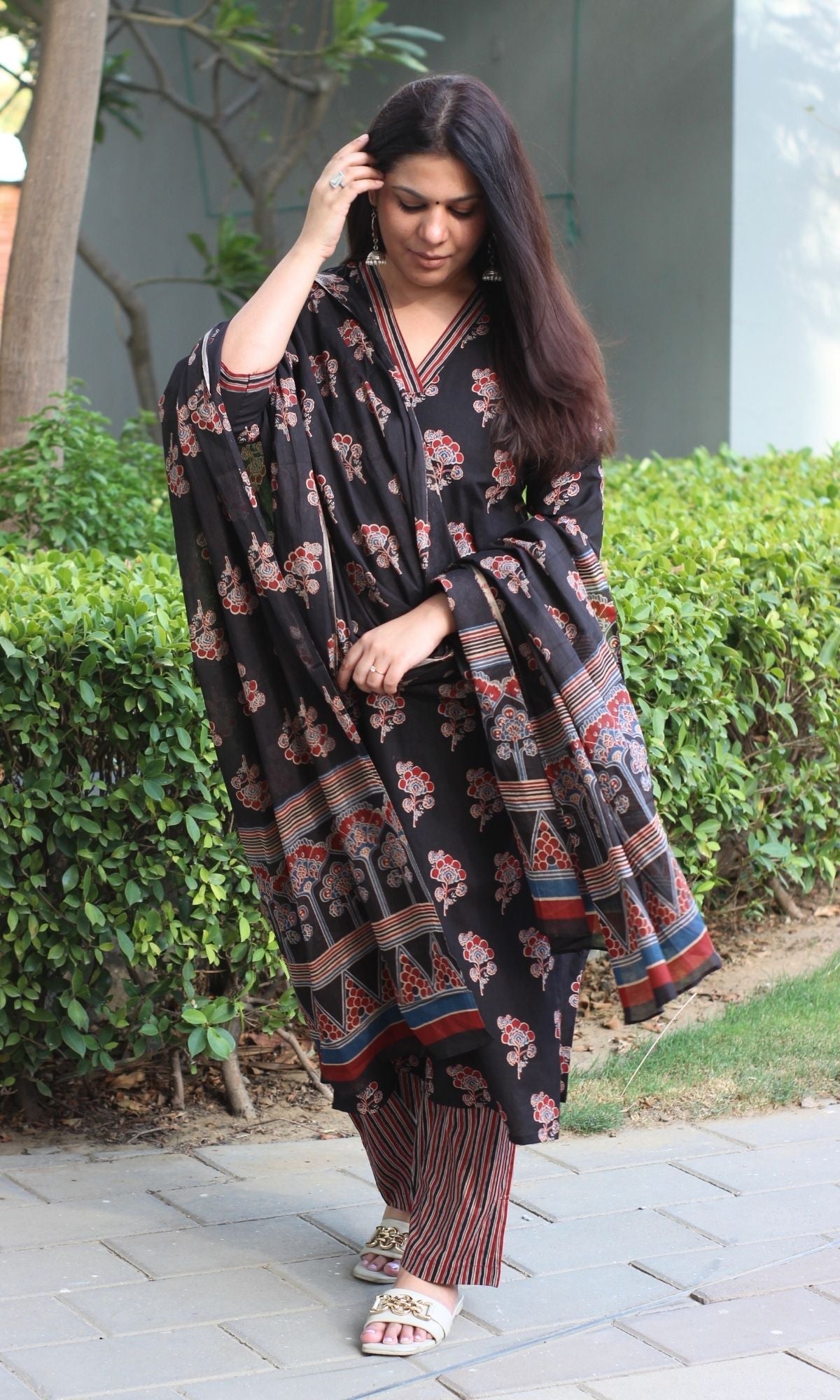 Cotton Ajrakh Print Black Suit Set with Printed Cotton Dupatta - Baareeki