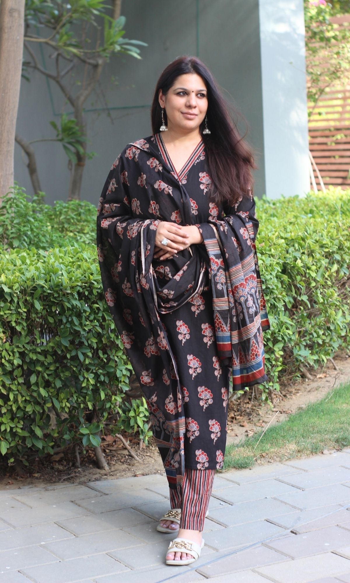 Cotton Ajrakh Print Black Suit Set with Printed Cotton Dupatta - Baareeki