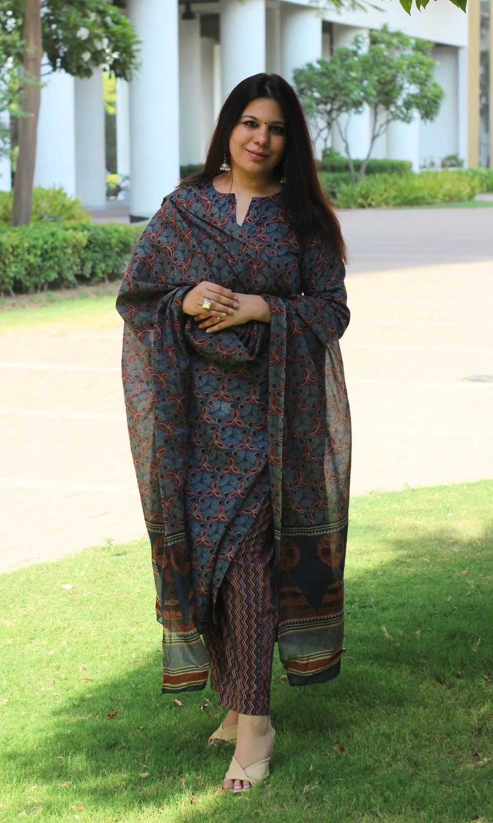 Blue - Natural Dyed Ajrakh Hand Block Print Cotton Suit Set with Dupatta for women 11