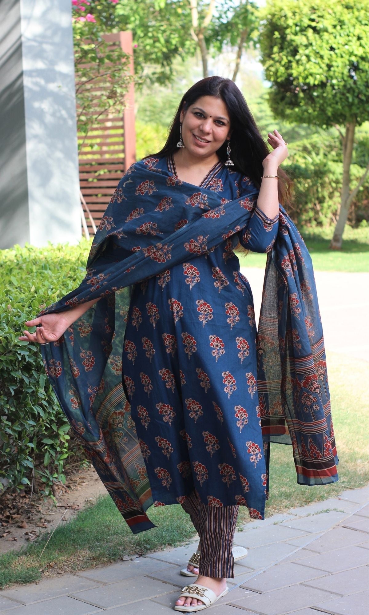 Cotton Ajrakh Print Blue Suit Set with Printed Cotton Dupatta - Baareeki