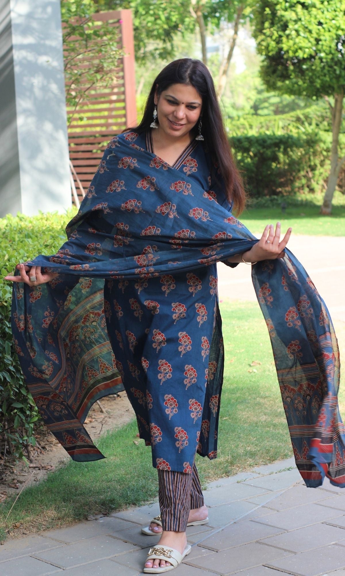 Cotton Ajrakh Print Blue Suit Set with Printed Cotton Dupatta - Baareeki