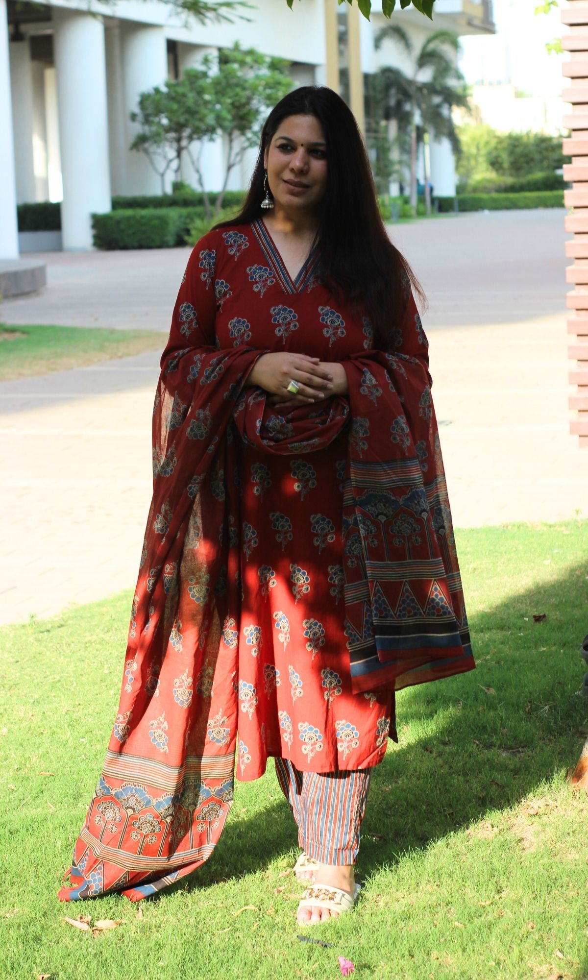 Cotton Ajrakh Print Red Suit Set with Printed Cotton Dupatta - Baareeki