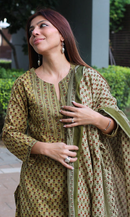 Cotton Asparagus Printed Suit Set with Cotton Printed Dupatta - Baareeki