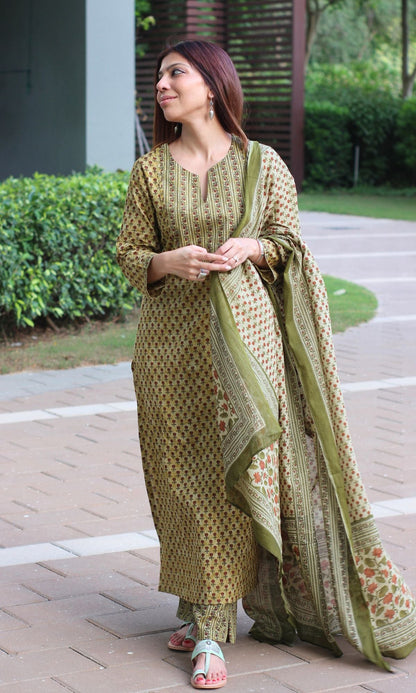 Cotton Asparagus Printed Suit Set with Cotton Printed Dupatta - Baareeki