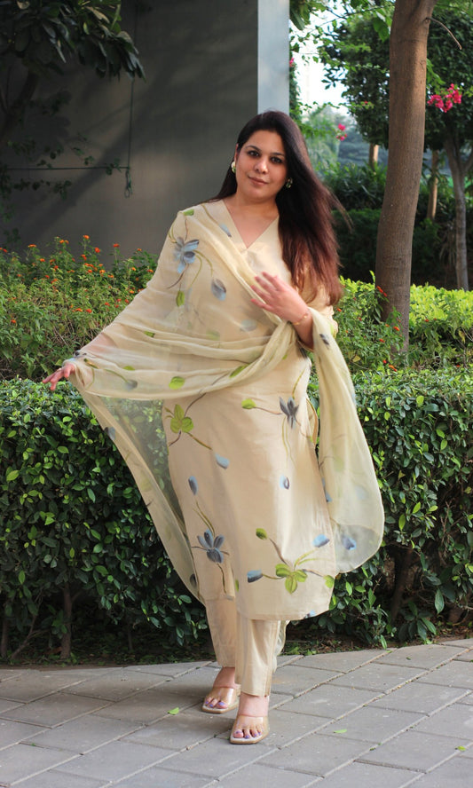 Cotton Beige & Blue Hand Brush Painted Suit with Chiffon Hand Painted Dupatta - Baareeki