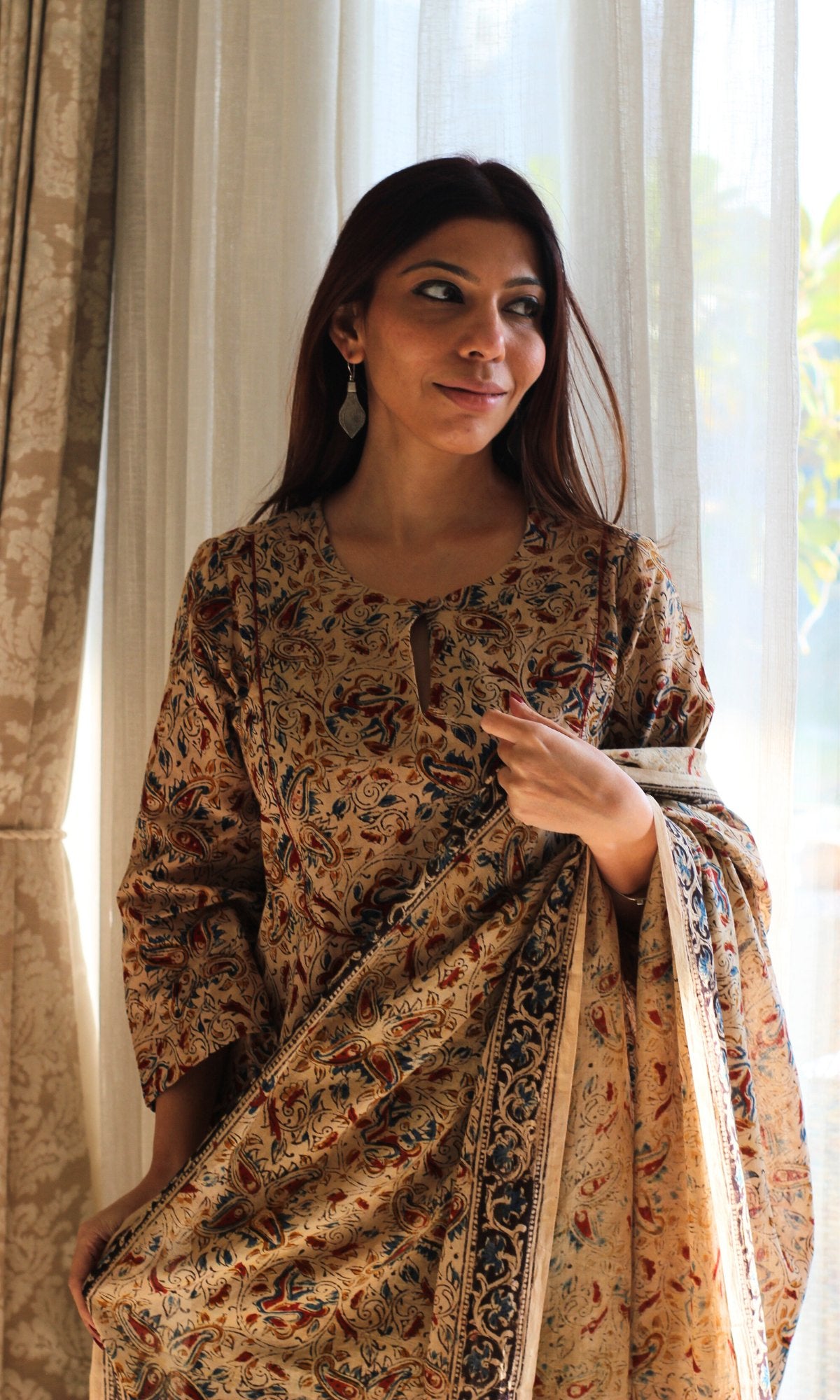 Cotton Beige Loose Fit Kalamkari Kurta , Afghani Salwar & Cotton Kalamkari Dupatta - Baareeki