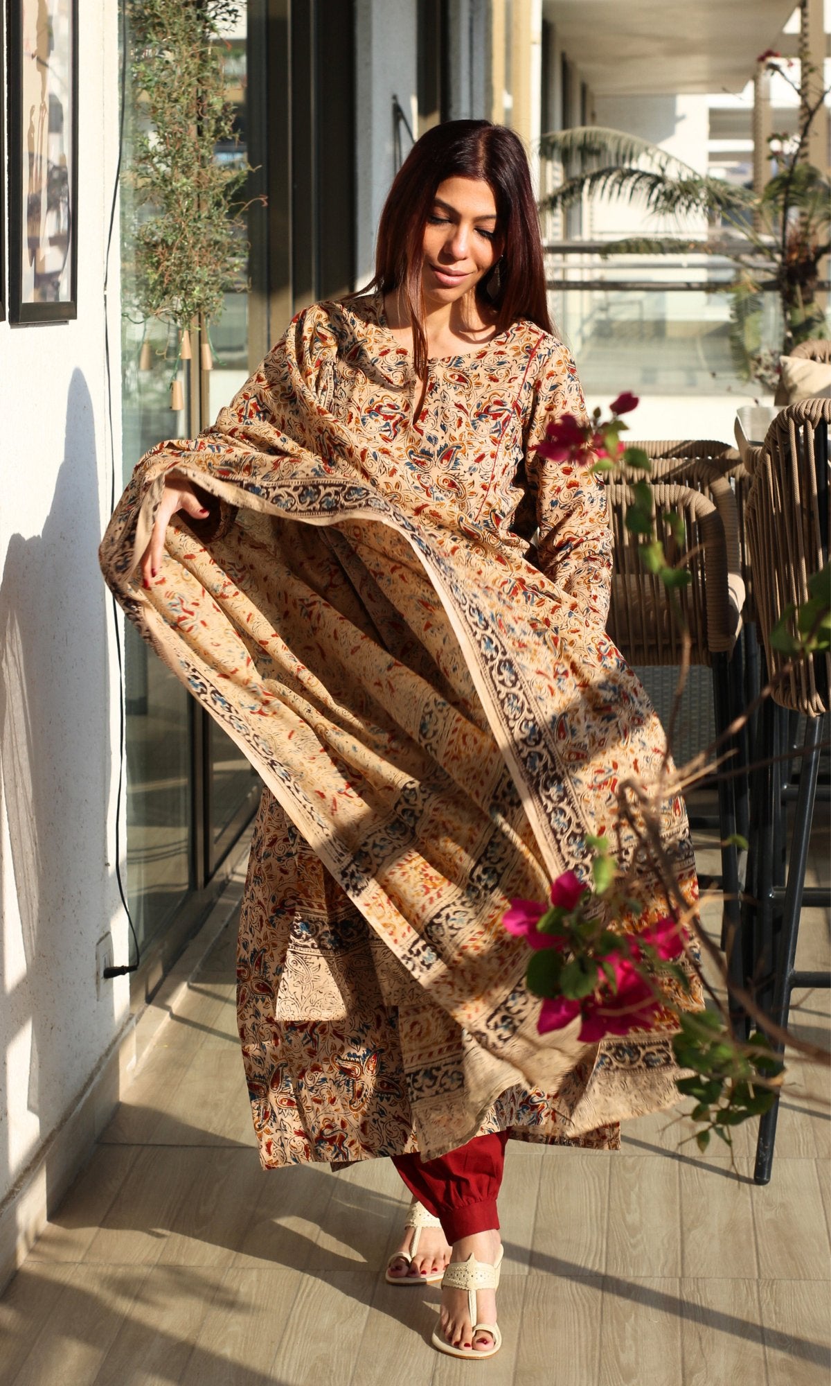 Cotton Beige Loose Fit Kalamkari Kurta , Afghani Salwar & Cotton Kalamkari Dupatta - Baareeki