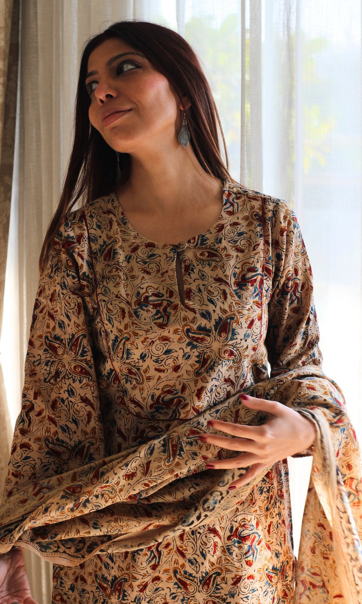 Cotton Beige Loose Fit Kalamkari Kurta , Afghani Salwar & Cotton Kalamkari Dupatta - Baareeki