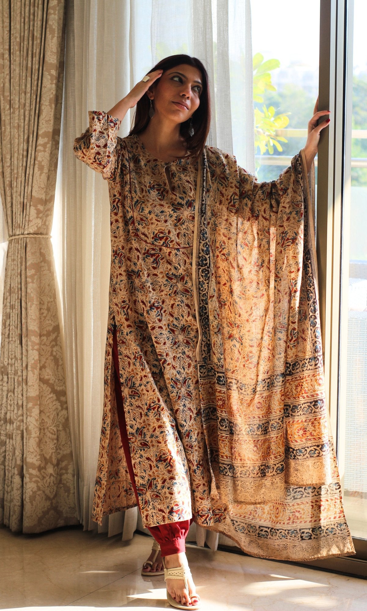 Cotton Beige Loose Fit Kalamkari Kurta , Afghani Salwar & Cotton Kalamkari Dupatta - Baareeki