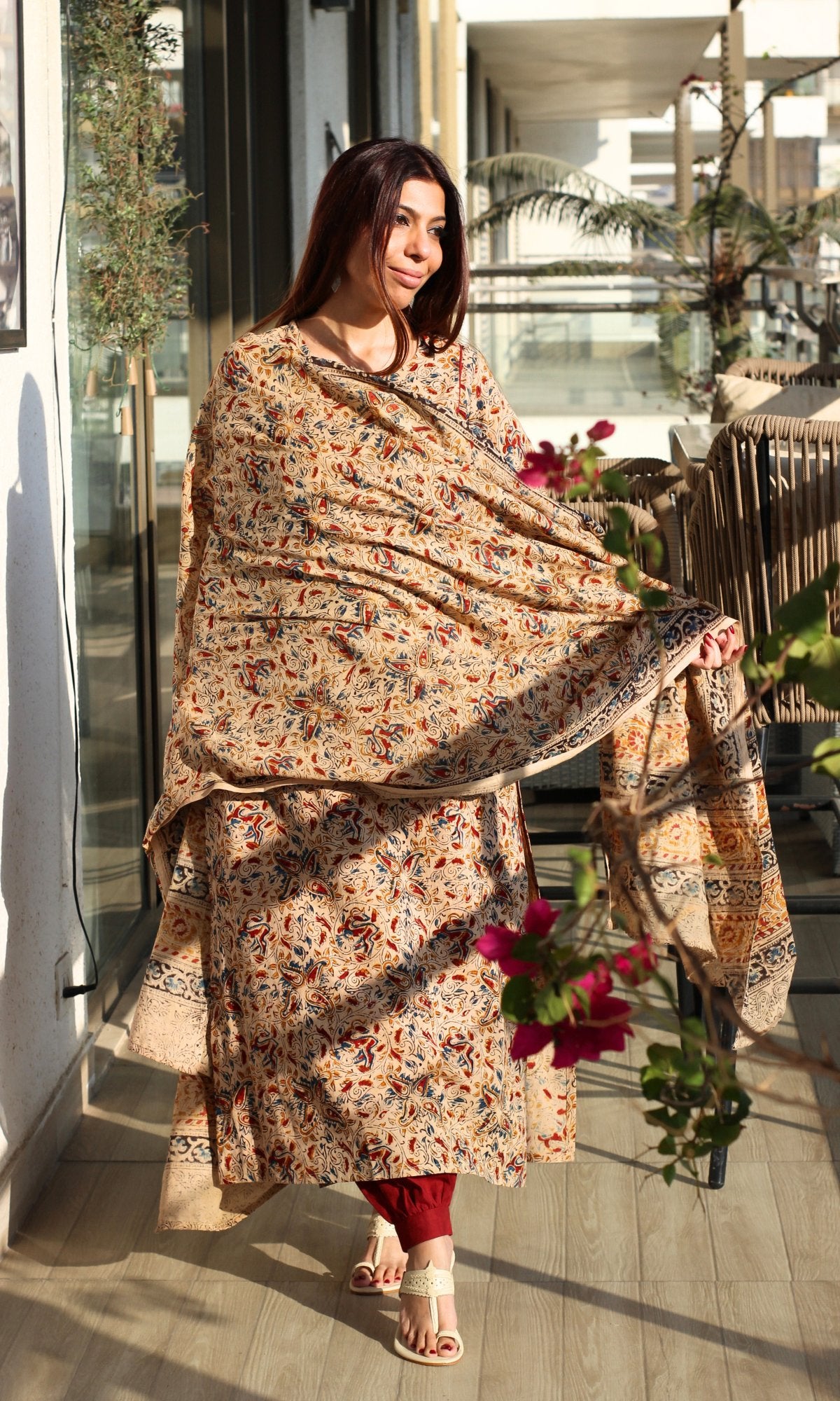 Cotton Beige Loose Fit Kalamkari Kurta , Afghani Salwar & Cotton Kalamkari Dupatta - Baareeki