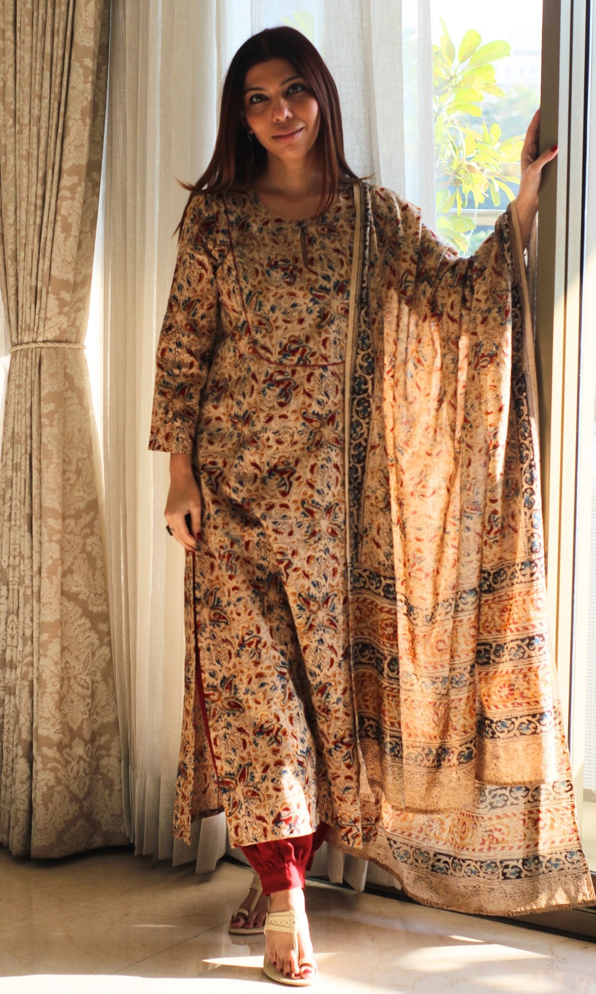 Cotton Beige Loose Fit Kalamkari Kurta , Afghani Salwar & Cotton Kalamkari Dupatta - Baareeki