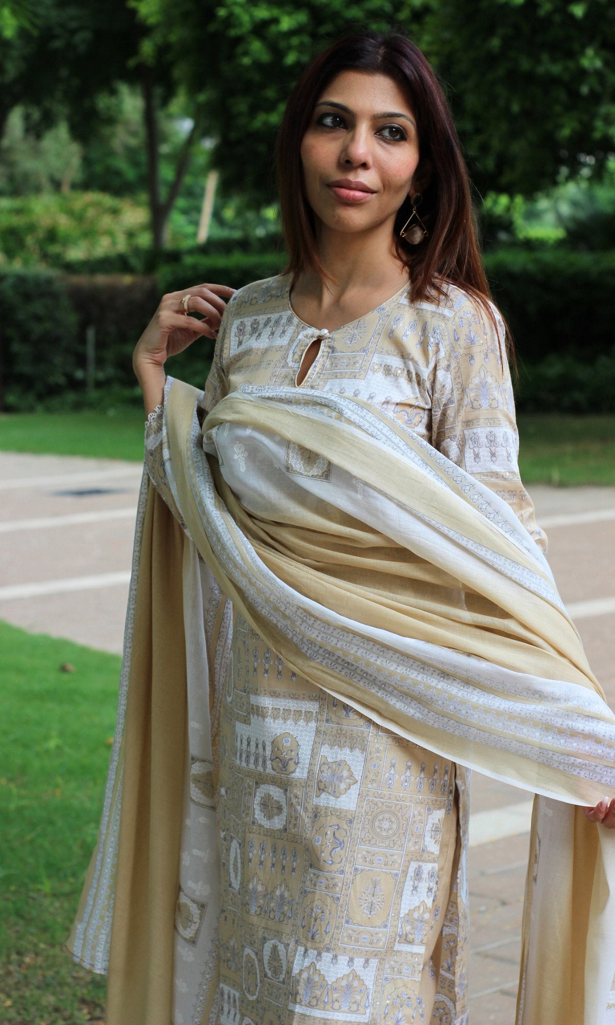 Cotton Beige Printed Pearl Button Suit Set with Cotton Dupatta - Baareeki