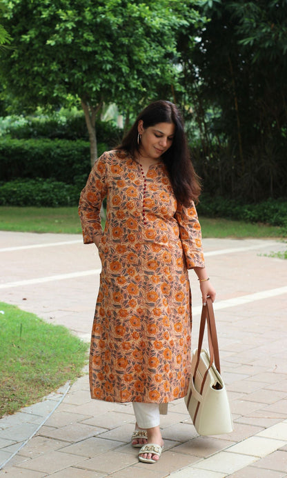 Cotton Beige & Red Buttoned Kalamkari Straight Fit Kurta - Baareeki