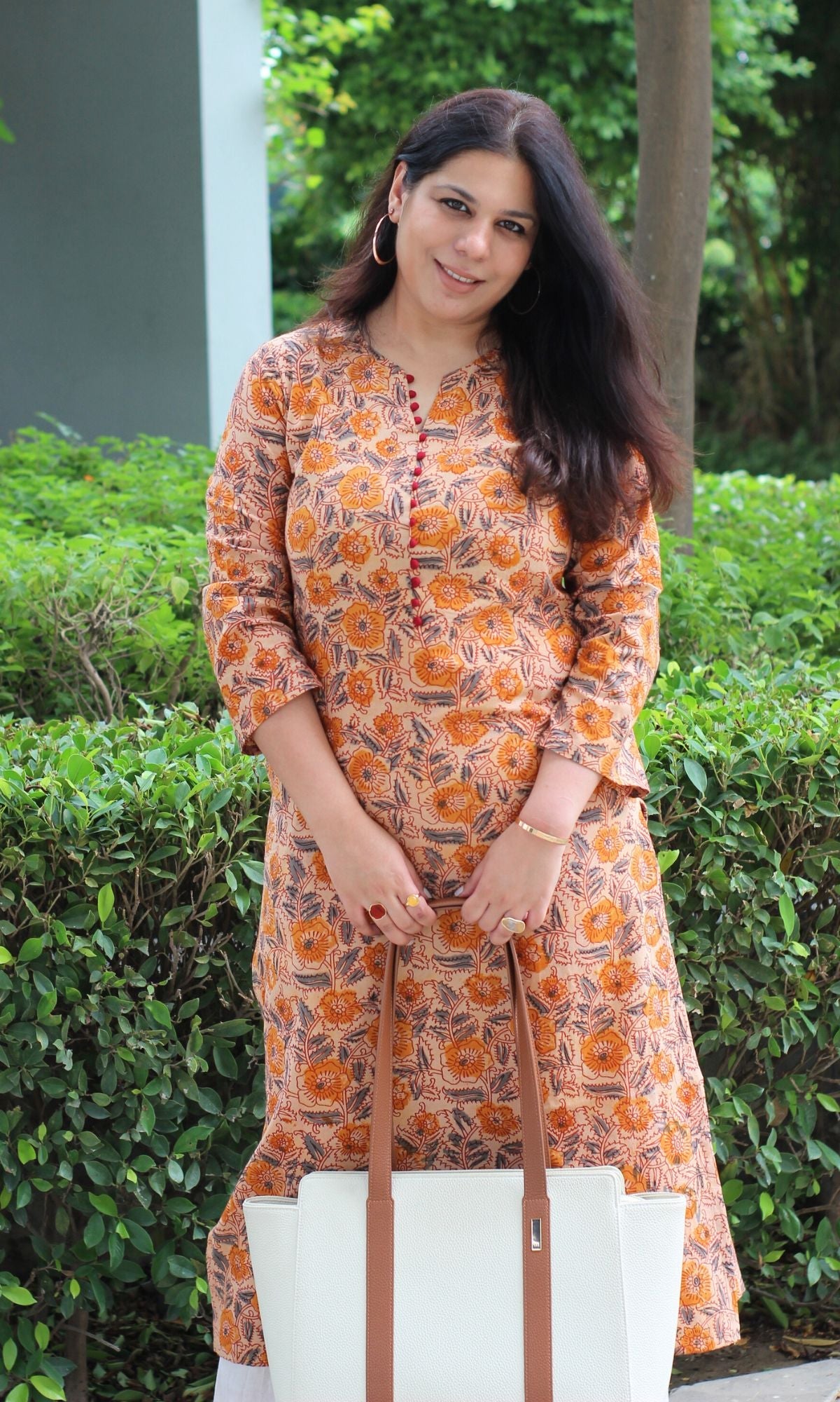 Cotton Beige & Red Buttoned Kalamkari Straight Fit Kurta - Baareeki