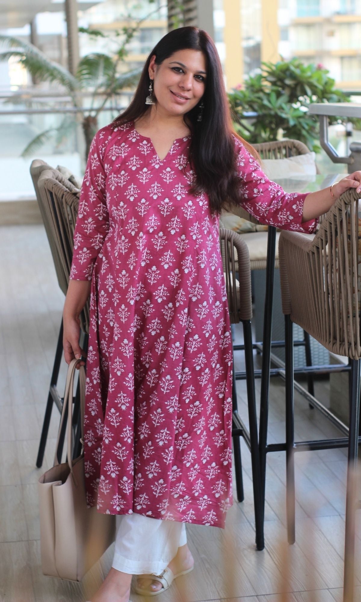 Cotton Berry Block Print Kali Kurta - Baareeki