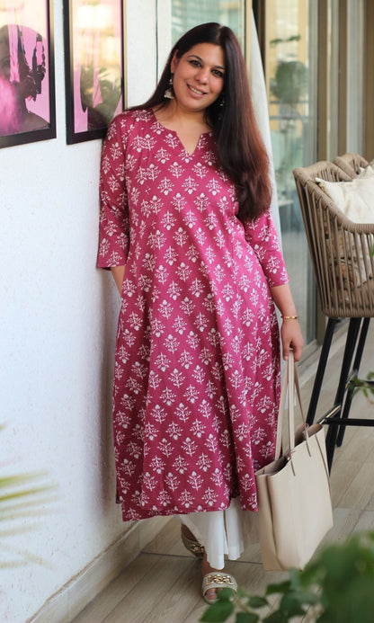 Cotton Berry Block Print Kali Kurta - Baareeki