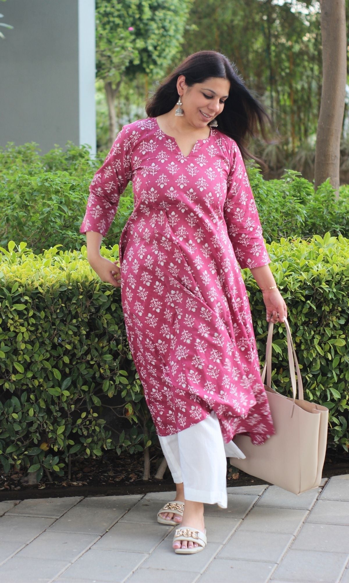 Cotton Berry Block Print Kali Kurta - Baareeki