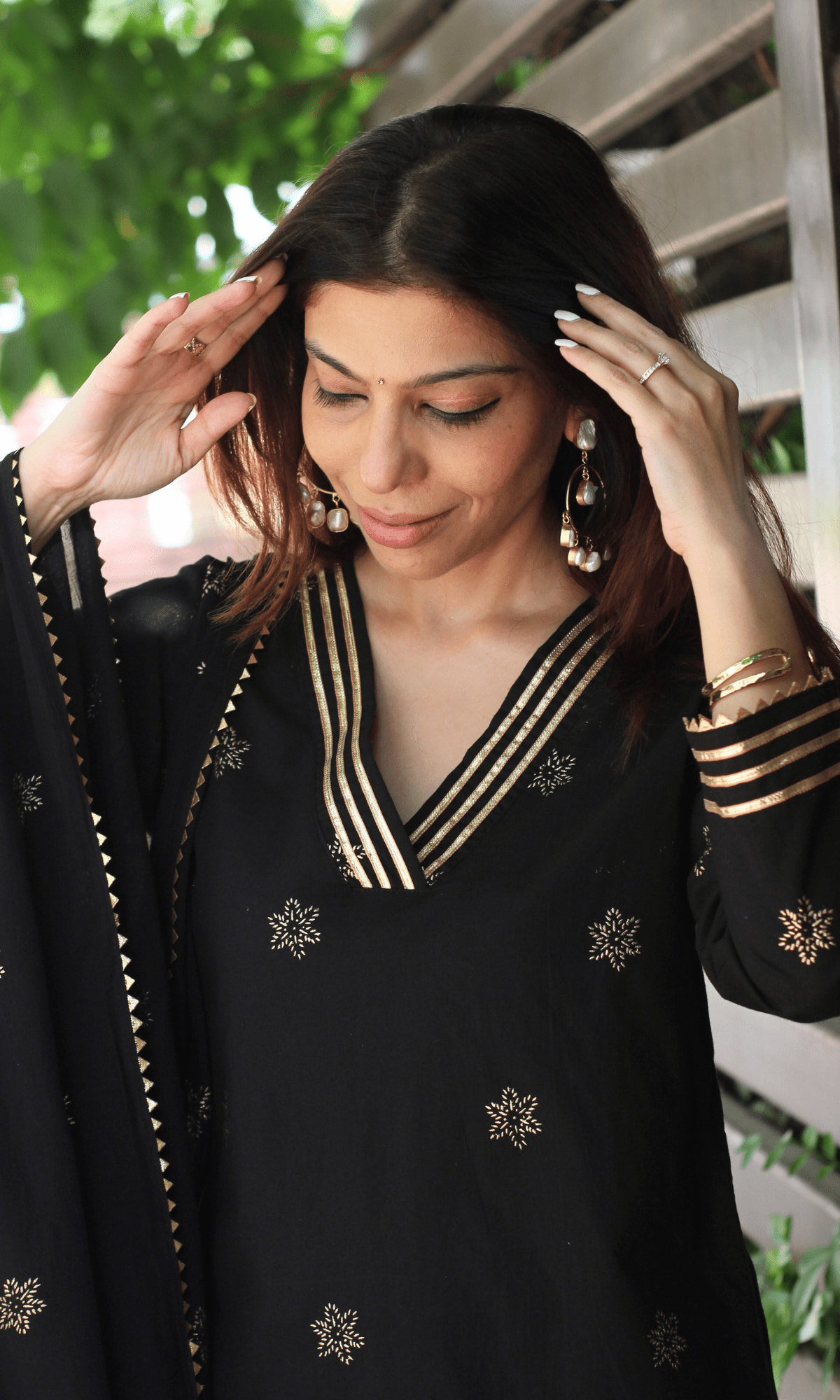 Cotton Black & Gold Star Laced Suit with Mul Printed Laced Dupatta Baareeki Cotton Black & Gold Star Laced Suit with Mul Printed Laced Dupatta Baareeki
