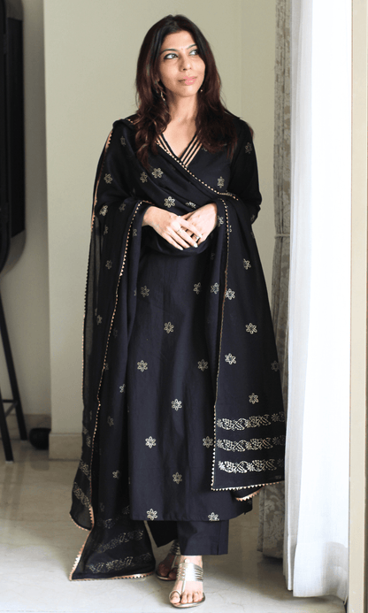 Cotton Black & Gold Star Laced Suit with Mul Printed Laced Dupatta - Baareeki