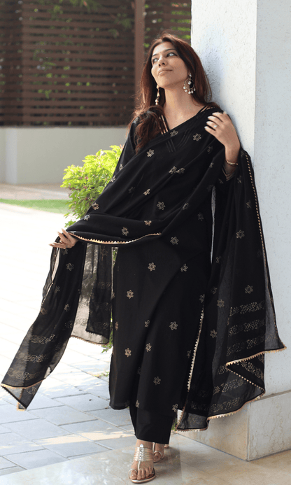 Cotton Black & Gold Star Laced Suit with Mul Printed Laced Dupatta - Baareeki