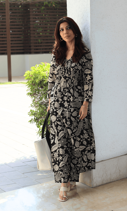 Cotton Black Kalamkari Pleated Buttoned Kurta & Pant - Baareeki