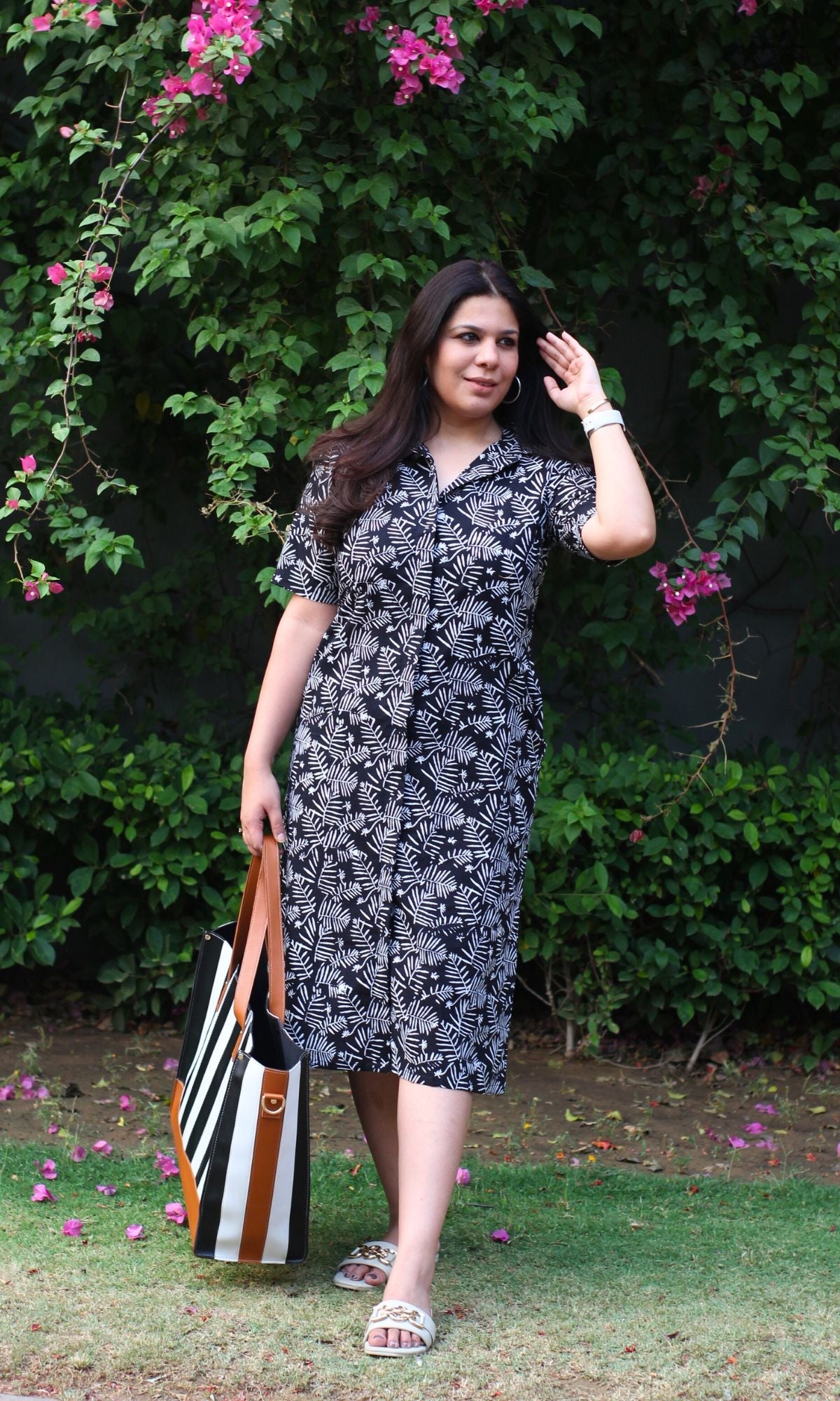 Cotton Black Leaf Print Shirt Dress - Baareeki