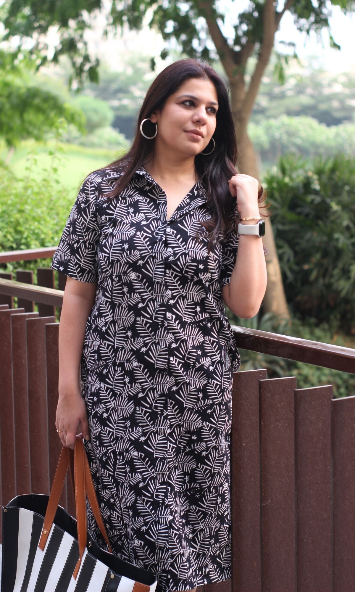 Cotton Black Leaf Print Shirt Dress - Baareeki