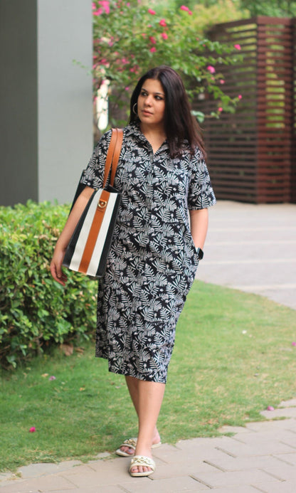 Cotton Black Leaf Print Shirt Dress - Baareeki