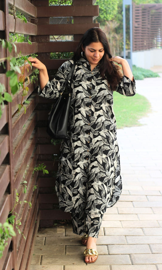 Cotton Black Leaf Print Shirt Style Co - ord - Baareeki