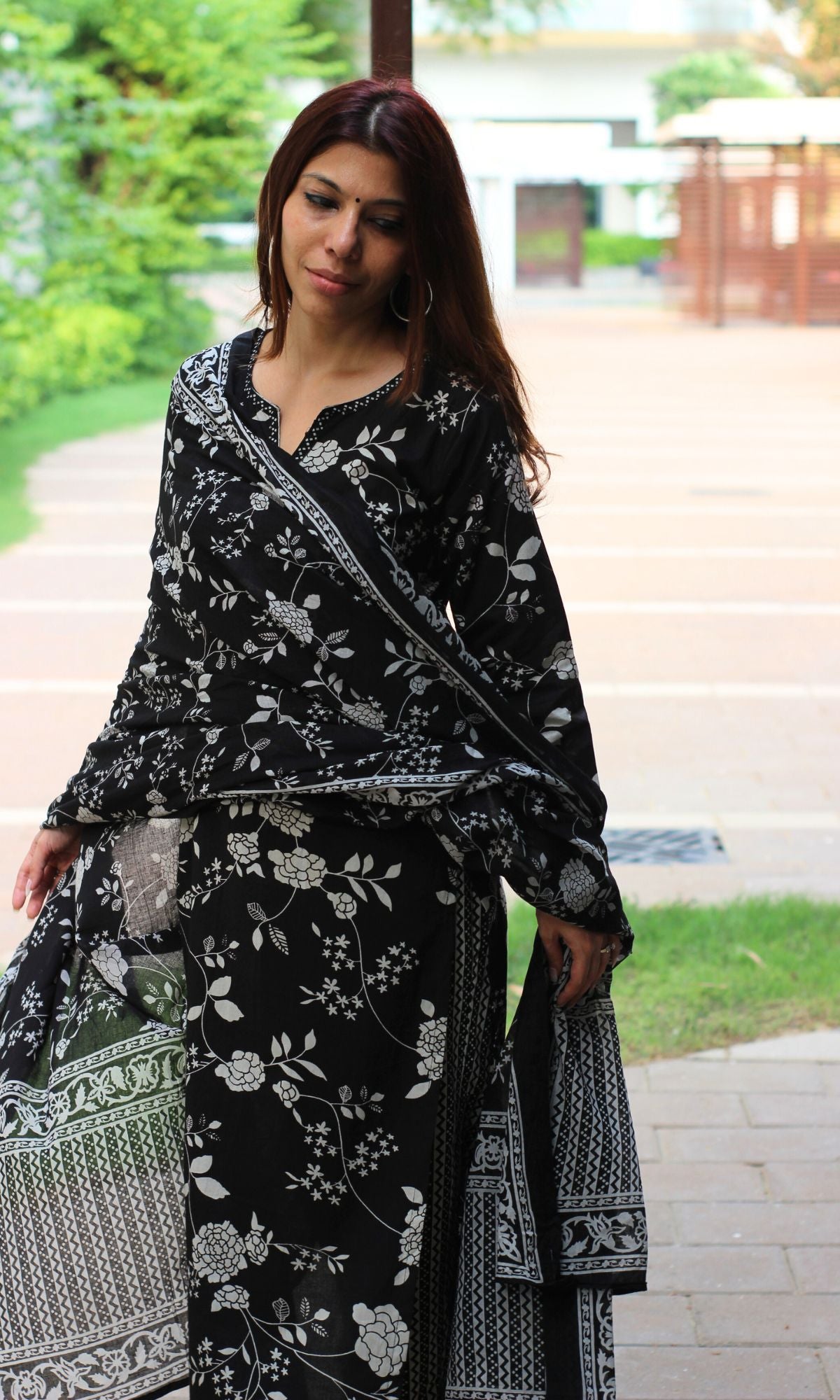 Cotton Black Printed Suit Set with Cotton Mul Printed Dupatta - Baareeki