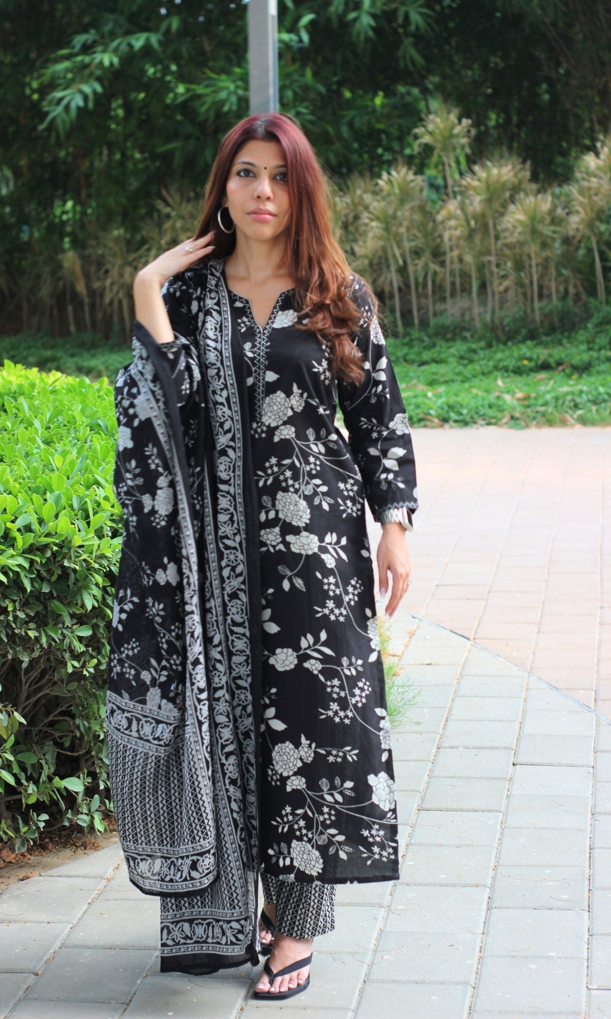 Cotton Black Printed Suit Set with Cotton Mul Printed Dupatta - Baareeki