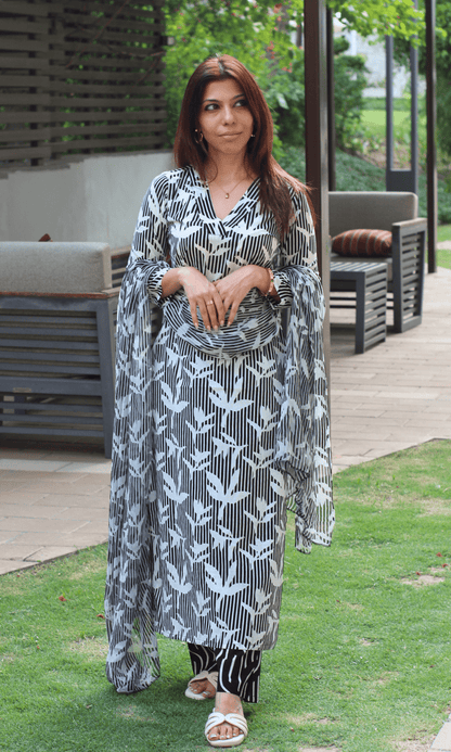 Cotton Black Shadow Leaf Printed Suit with Chiffon Printed Dupatta - Baareeki