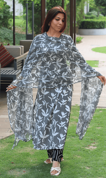 Cotton Black Shadow Leaf Printed Suit with Chiffon Printed Dupatta - Baareeki