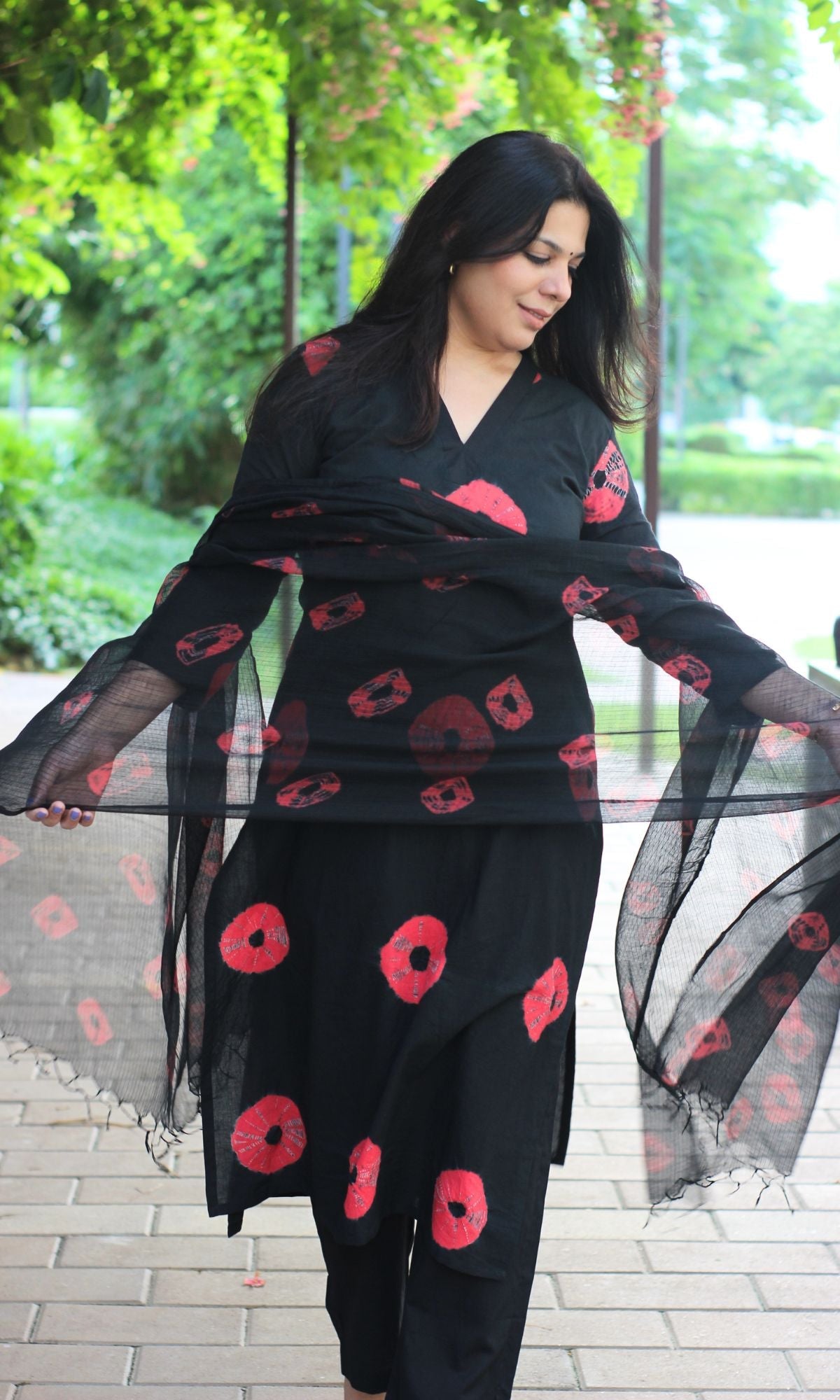 Cotton Black Shibori Suit Set with Kota Doria Dupatta - Baareeki