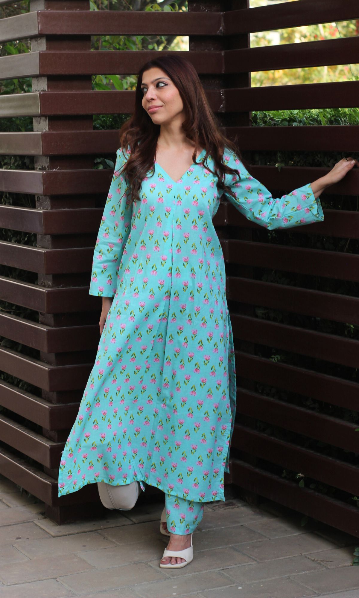 Cotton Block Print Aqua Pleated Kurta and Pants Set - Baareeki