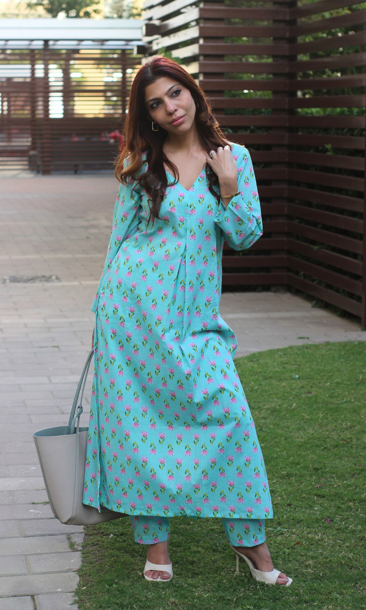 Cotton Block Print Aqua Pleated Kurta and Pants Set - Baareeki