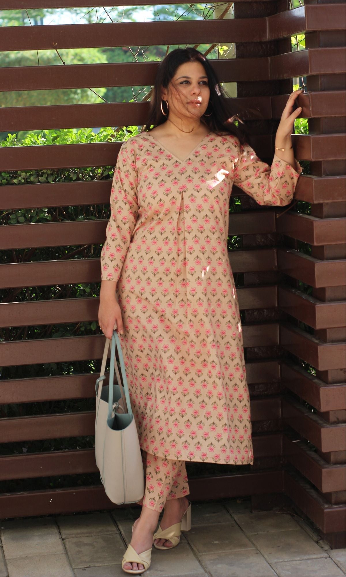 Cotton Block Print Beige Pleated Kurta and Pants Set - Baareeki