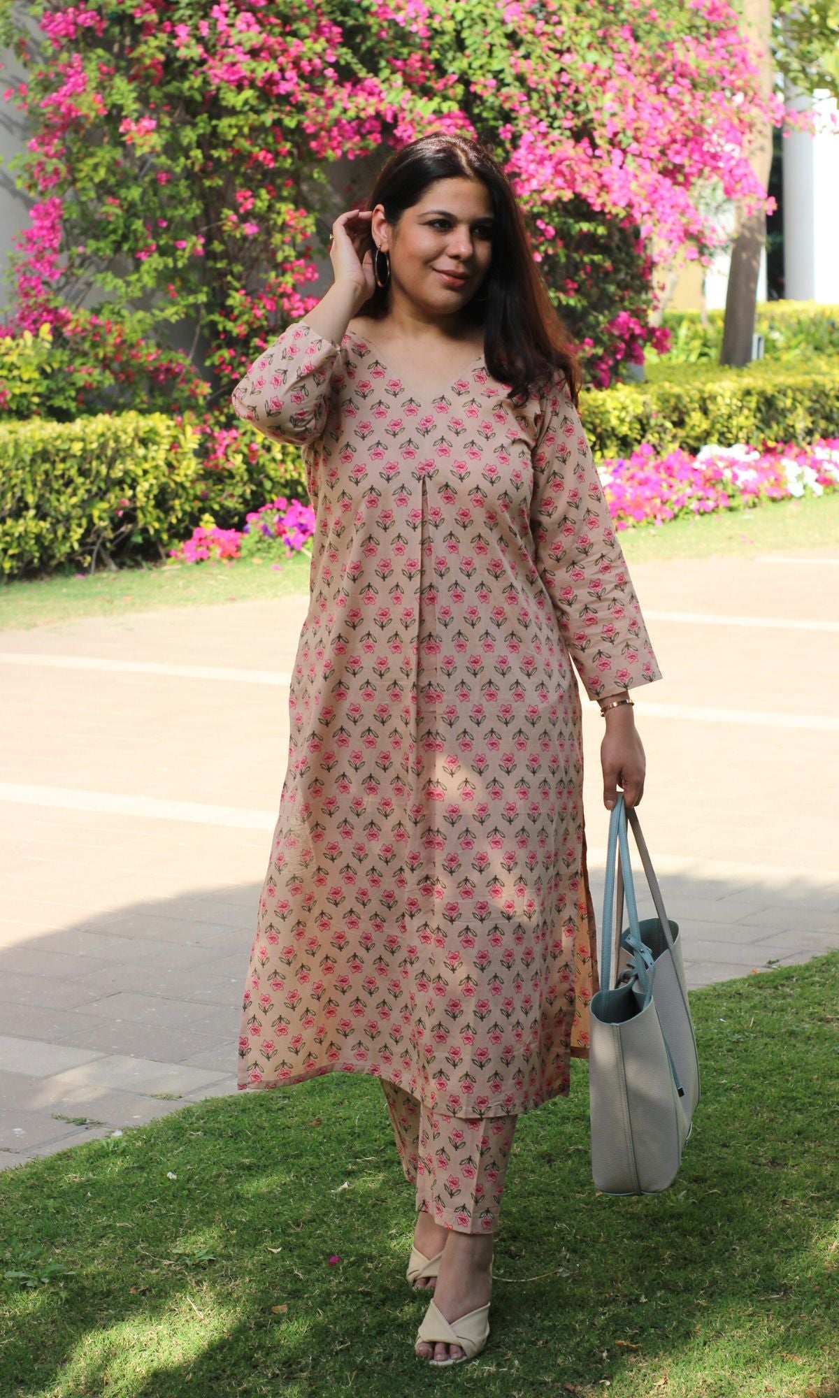 Cotton Block Print Beige Pleated Kurta and Pants Set - Baareeki