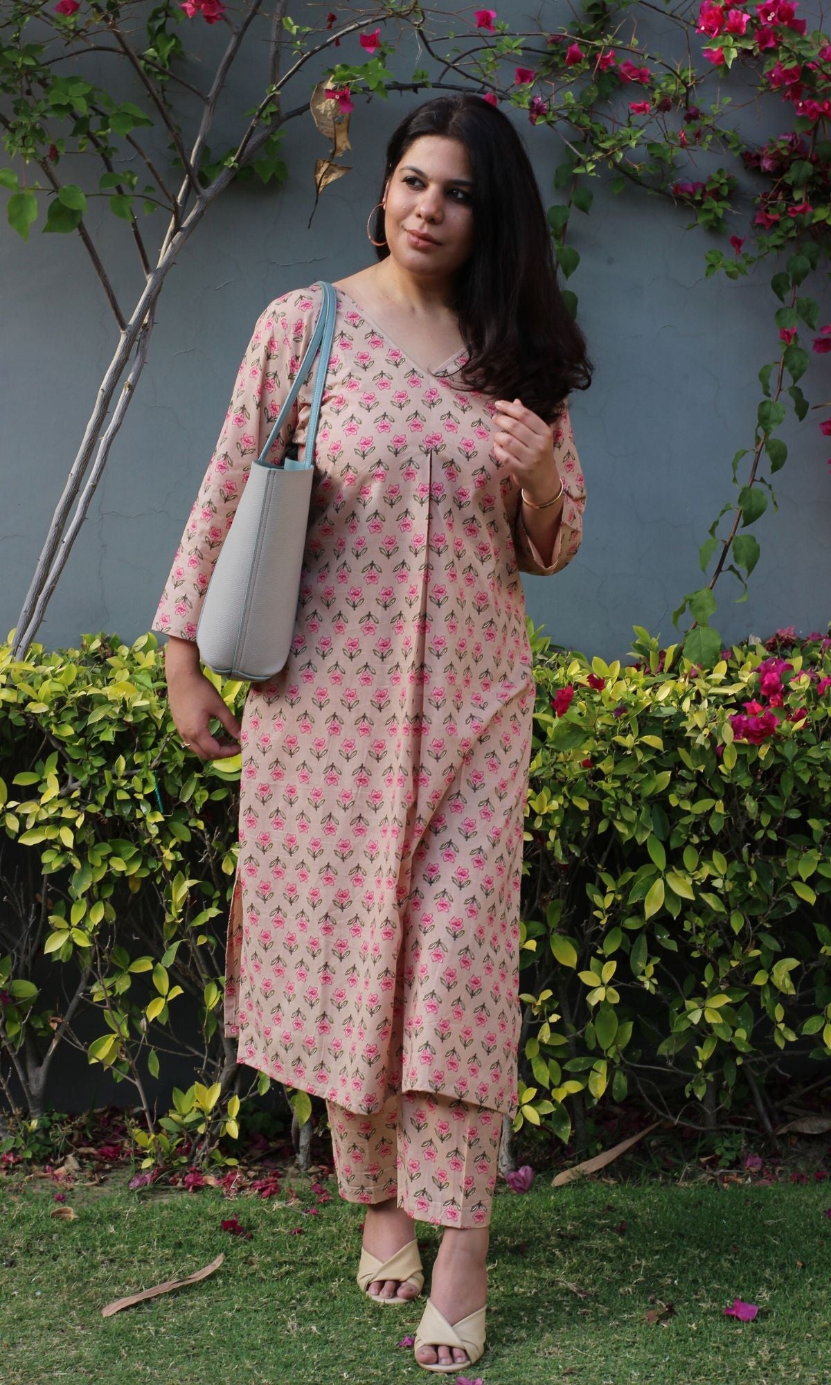 Cotton Block Print Beige Pleated Kurta and Pants Set - Baareeki