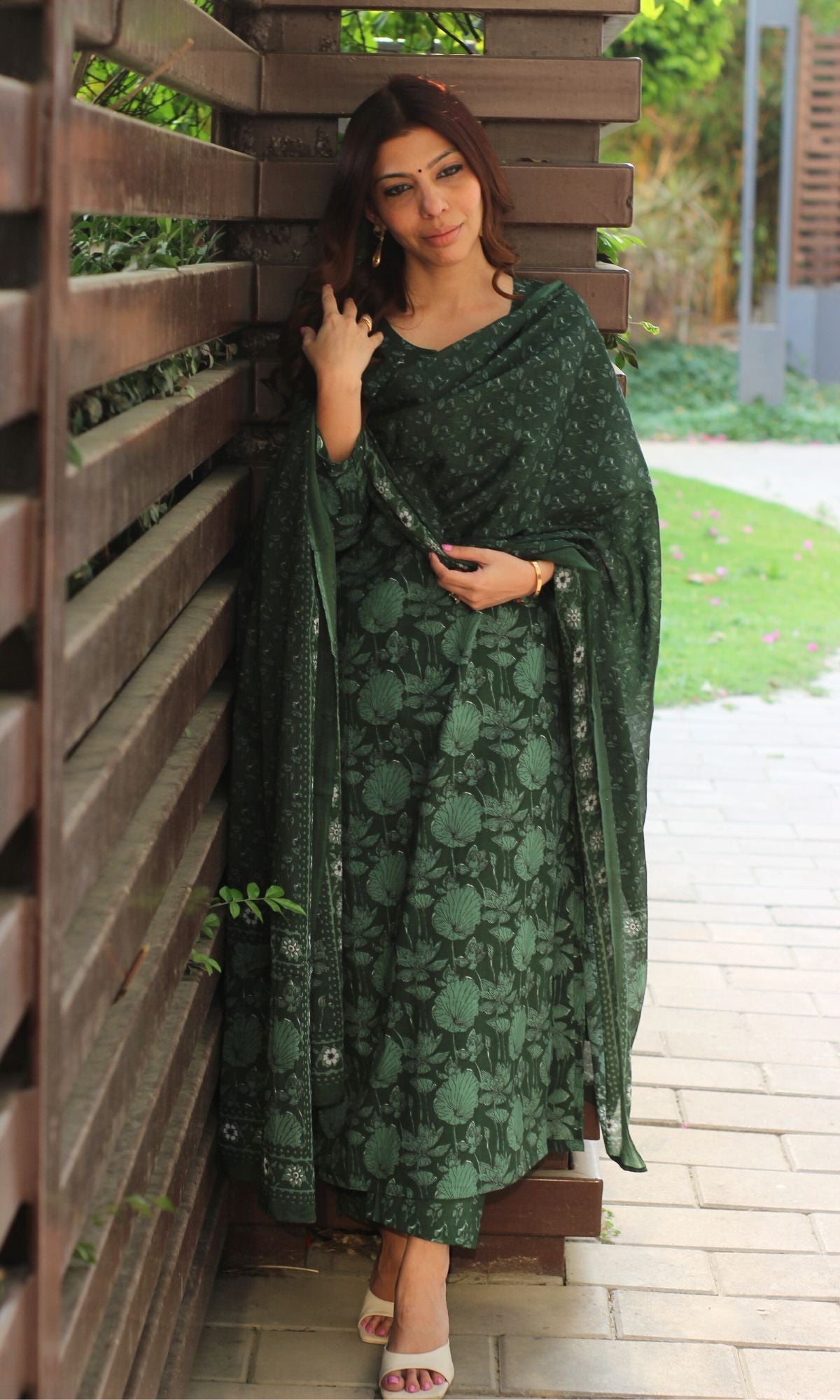 Cotton Block Print Bottle Green Suit Set with Printed Cotton Dupatta - Baareeki